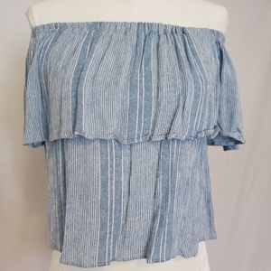 Blue/White Ruffled Off The Shoulder Cropped Top